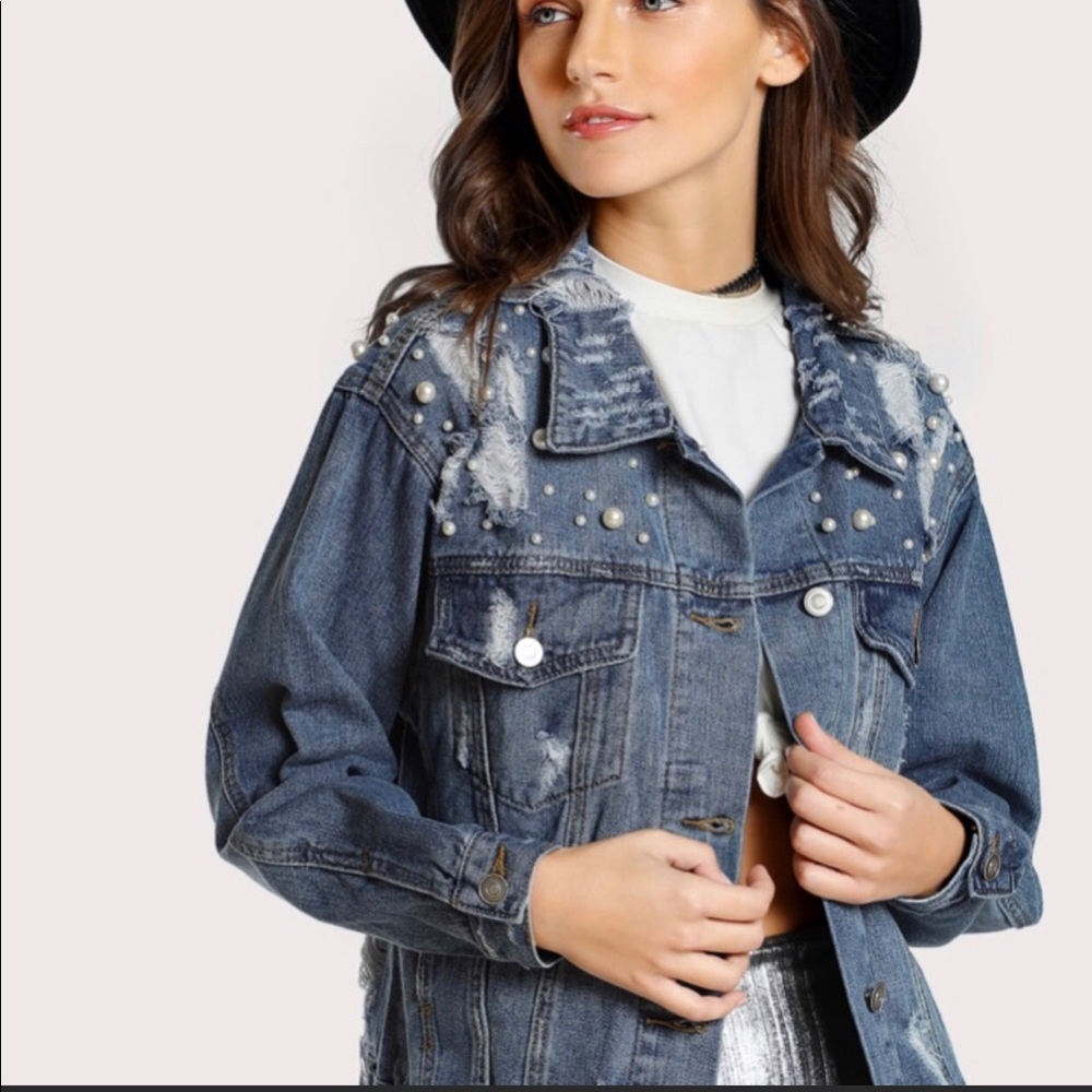 distressed Jean/ denim jacket with pearls
